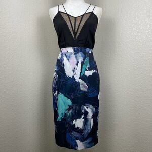 Chelsea28 Pencil Dress Womens 6 Mesh Blue Abstract Watercolor Print Office Siren